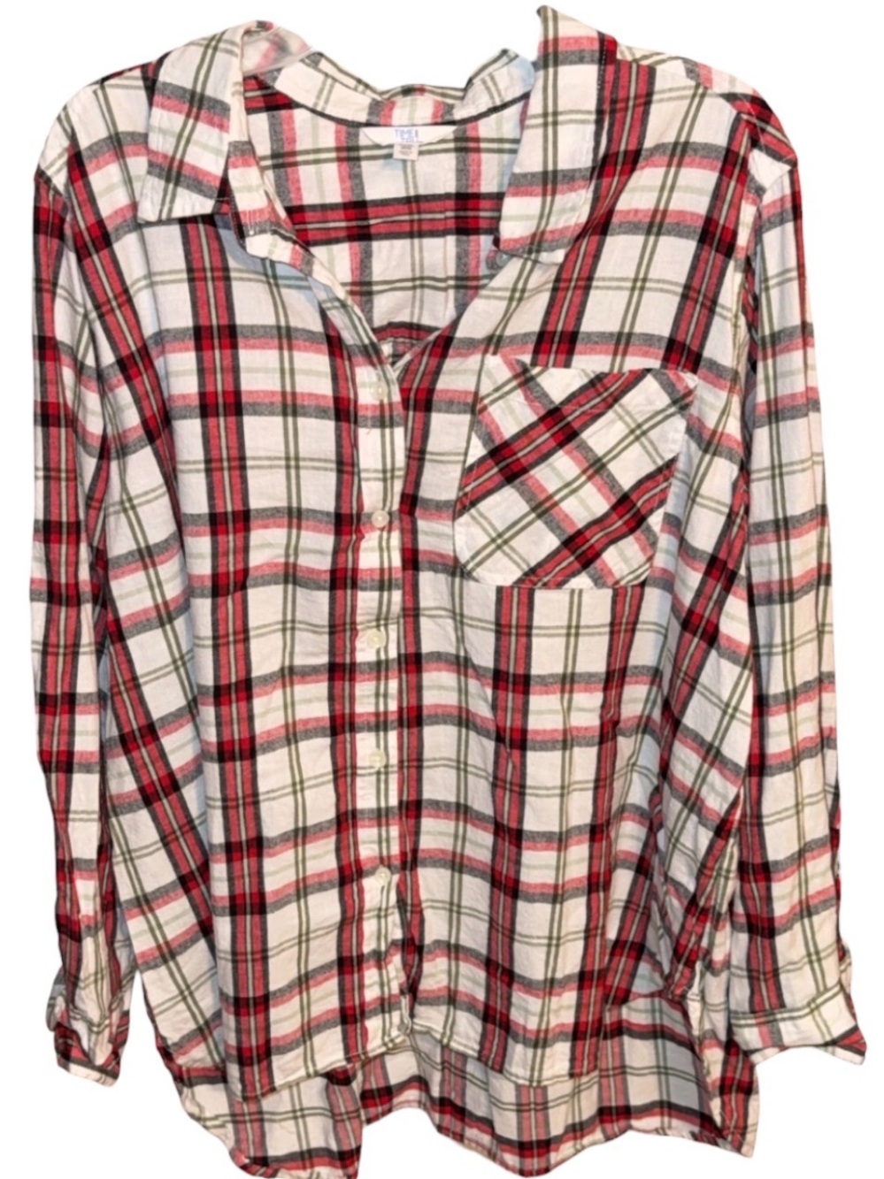 Time and Tru Red, White & Green Plaid Button-Down Shirt
